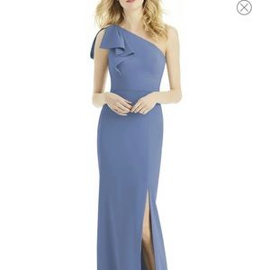 Bow One Shoulder Blue Gown with Slit